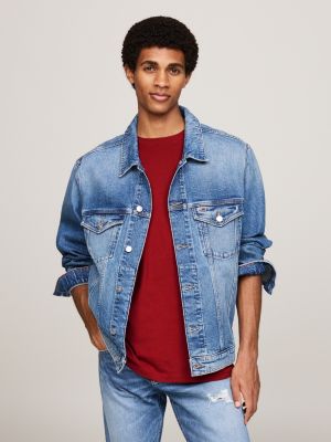 blue ryan distressed denim trucker jacket for men tommy jeans