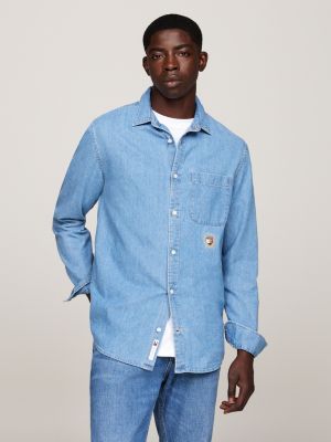 camicia regular fit in denim con ricamo blue da uomini tommy jeans