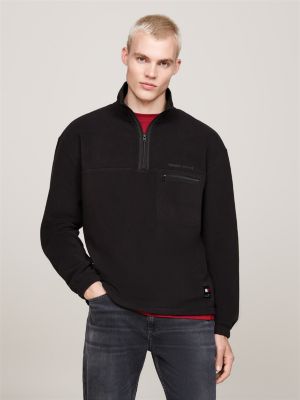 black relaxed fleece sweatshirt met korte rits voor heren - tommy jeans