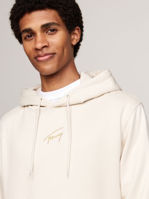 beige hoodie mit goldfarbenem signatur-logo für herren - tommy jeans