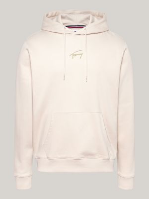 beige hoodie mit goldfarbenem signatur-logo für herren - tommy jeans