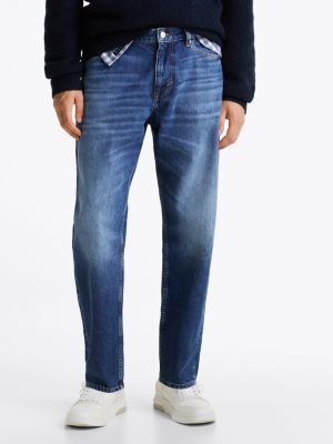 blue faded tapered leg relaxed jeans for men tommy jeans