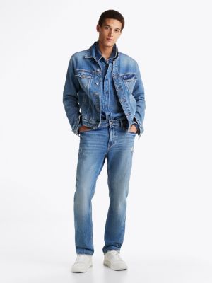 blue ryan slim straight jeans met distressing voor heren - tommy jeans