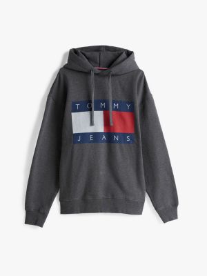 sudadera de corte amplio con capucha y parche gris de hombres tommy jeans