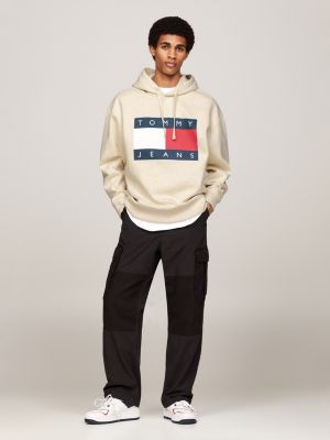 beige gemêleerde relaxed hoodie met vlag voor heren - tommy jeans