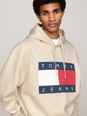 beige tommy flag badge mélange relaxed hoody for men tommy jeans