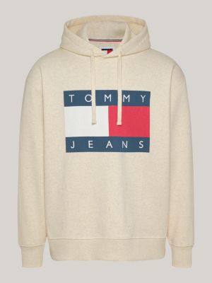 beige tommy flag badge mélange relaxed hoody for men tommy jeans