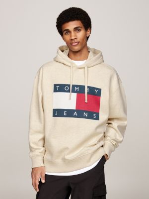 sudadera de corte amplio con capucha y parche beige de hombres tommy jeans