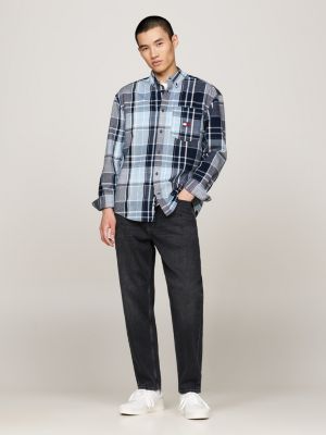 blue logo brushed flannel relaxed shirt for men tommy jeans