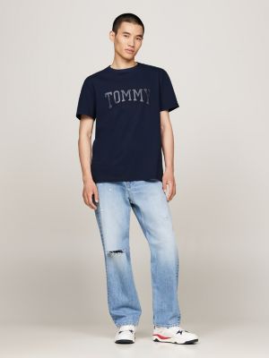 blue metallic logo contrast collar t-shirt for men tommy jeans