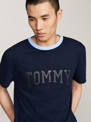 blue metallic logo contrast collar t-shirt for men tommy jeans