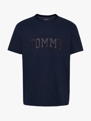 blue metallic logo contrast collar t-shirt for men tommy jeans