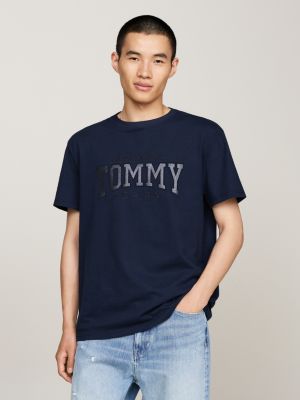 blue t-shirt met contrasterende kraag en logo voor heren - tommy jeans