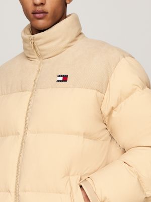 beige corduroy down alaska puffer coat for men tommy jeans