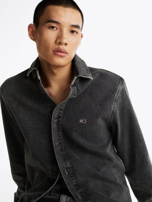 black regular fit faded denim overshirt for men tommy jeans