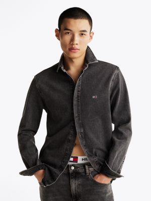 black regular fit faded denim overshirt for men tommy jeans