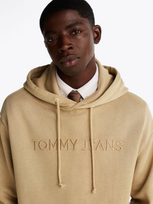 felpa con cappuccio e logo ricamato beige da uomini tommy jeans