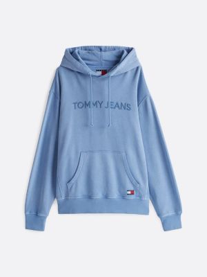 felpa con cappuccio e logo ricamato blu da uomini tommy jeans