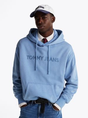 blue hoodie met geborduurd logo voor heren - tommy jeans