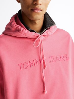 felpa con cappuccio e logo ricamato rosa da uomini tommy jeans