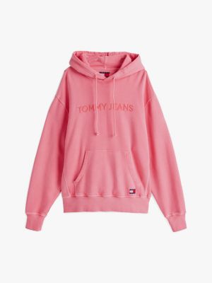 felpa con cappuccio e logo ricamato rosa da uomini tommy jeans