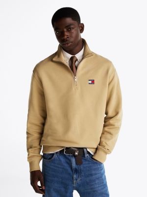 beige sweatshirt met halve rits en tommy-badge voor heren - tommy jeans