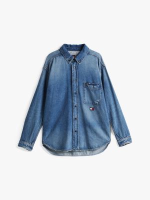 blue relaxed fit distressed denim overshirt for men tommy jeans