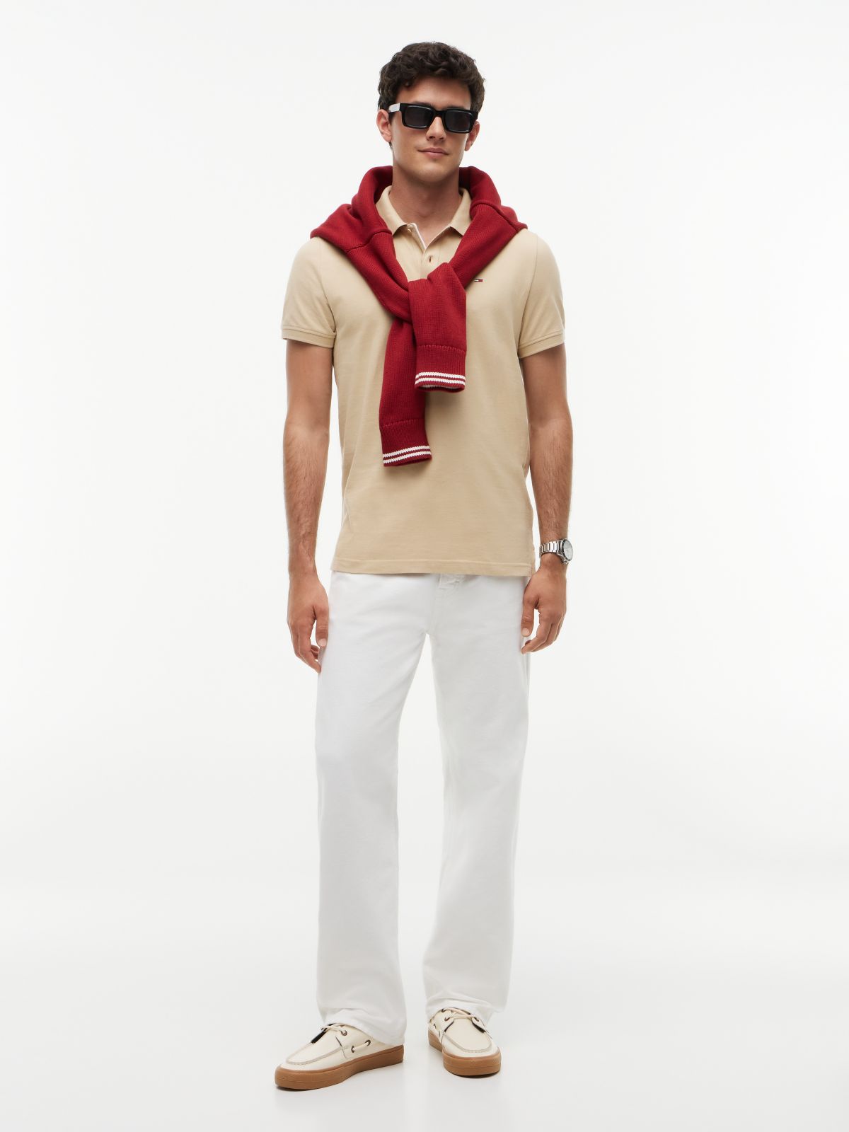 Tommy Flag Slim Fit Pique Polo Shirt — Beige