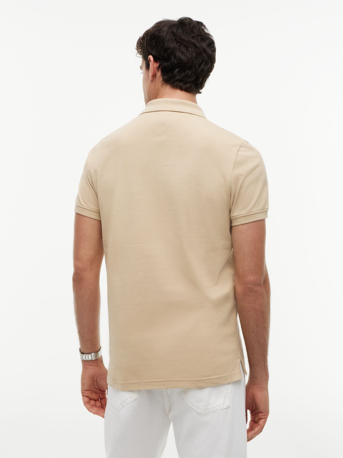 Tommy Flag Slim Fit Pique Polo Shirt — Beige