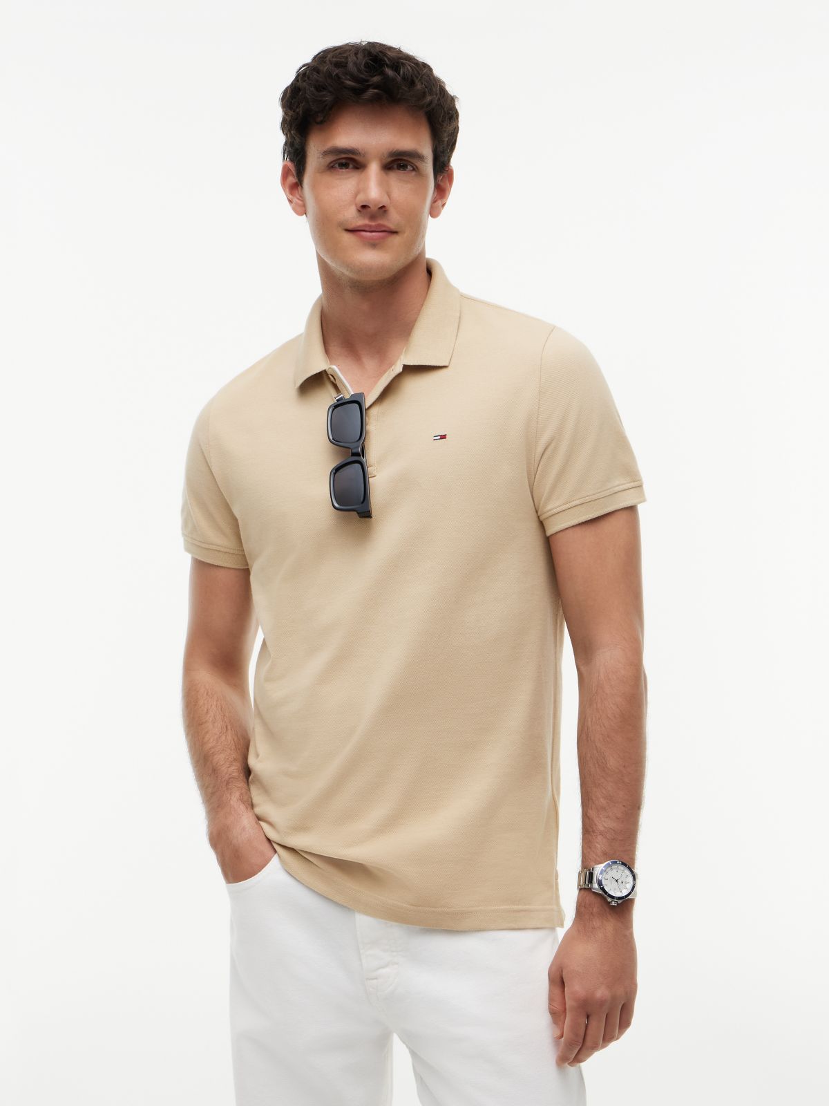 Tommy Flag Slim Fit Pique Polo Shirt — Beige