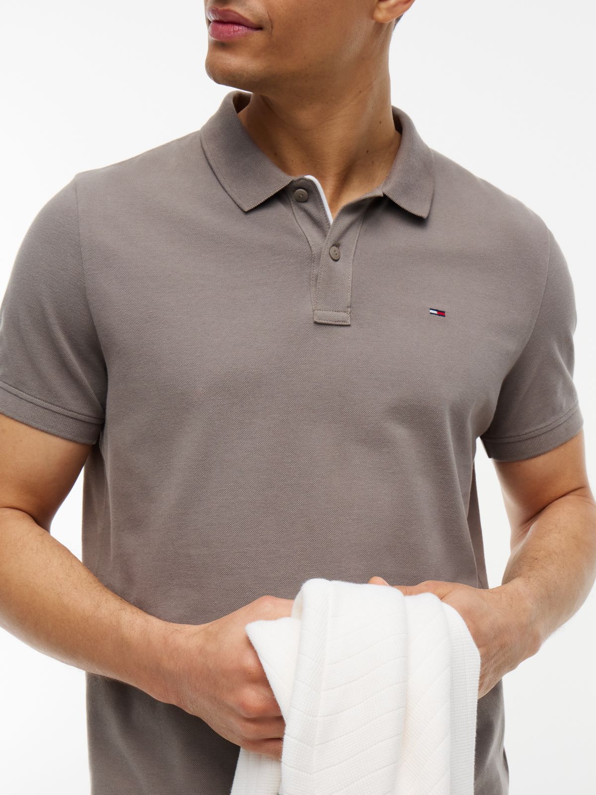 Tommy Flag Slim Fit Pique Polo Shirt — Grey