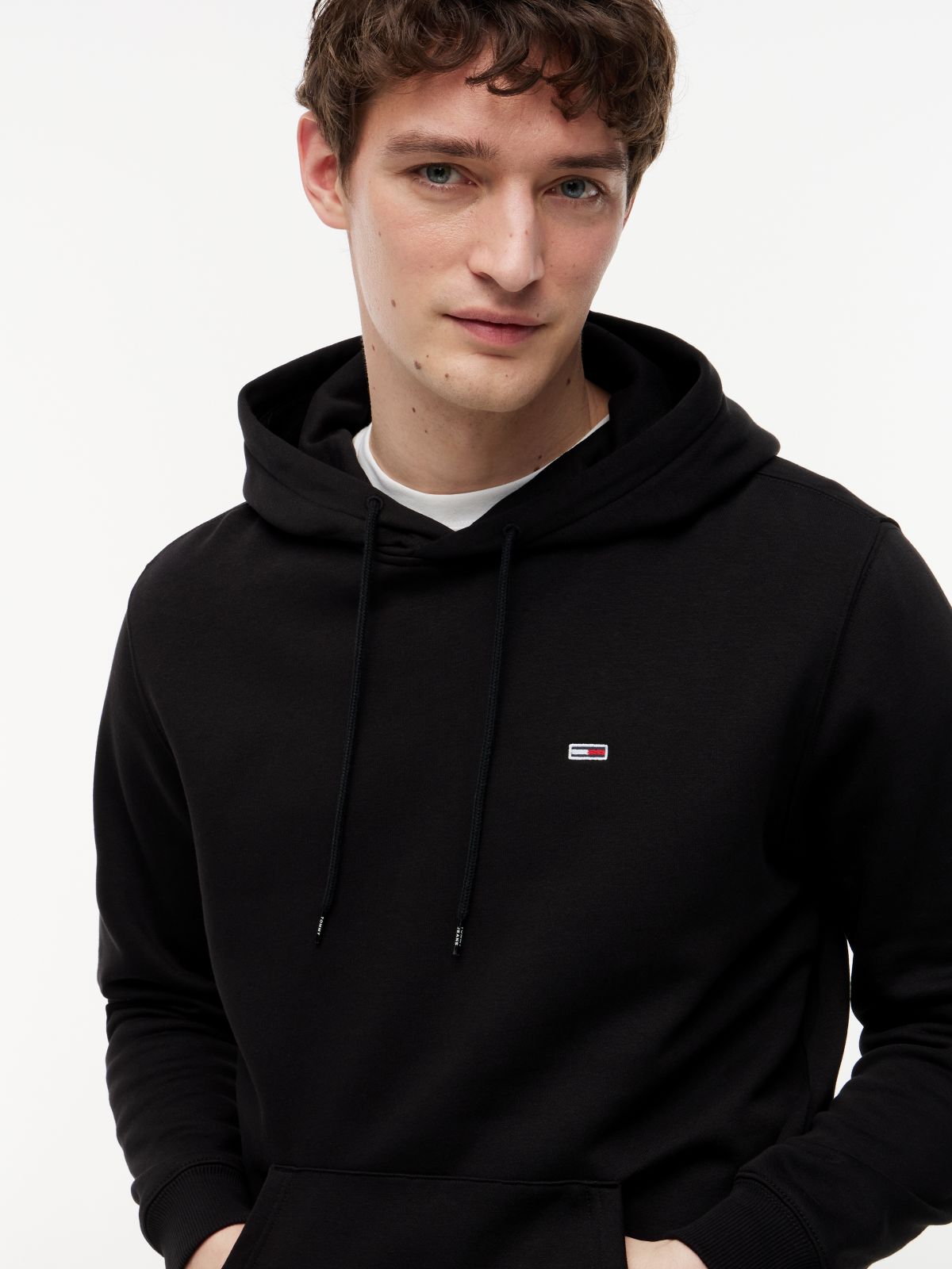 Flag Embroidery Fleece Drawstring Hoody — Black