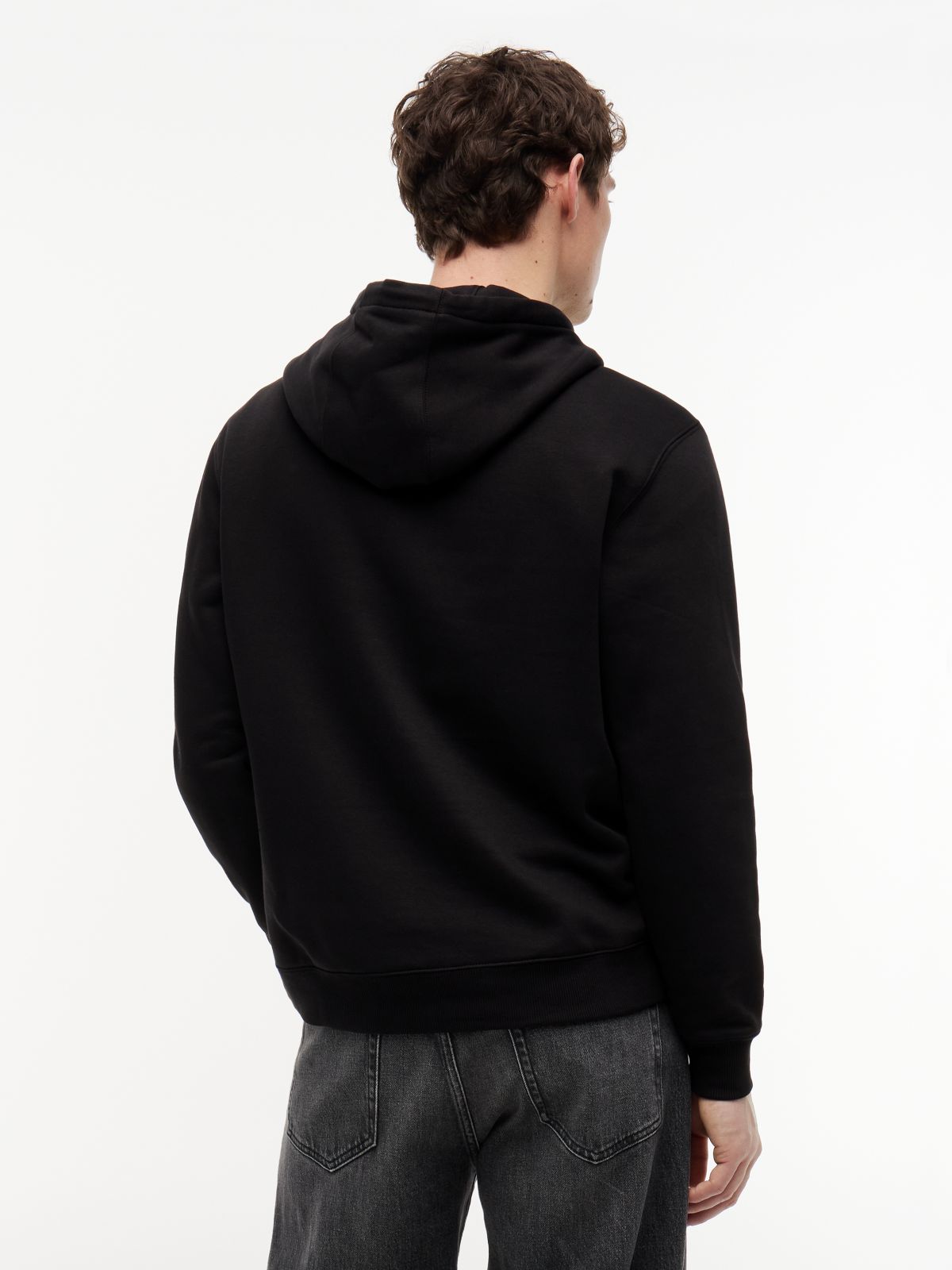 Flag Embroidery Fleece Drawstring Hoody — Black