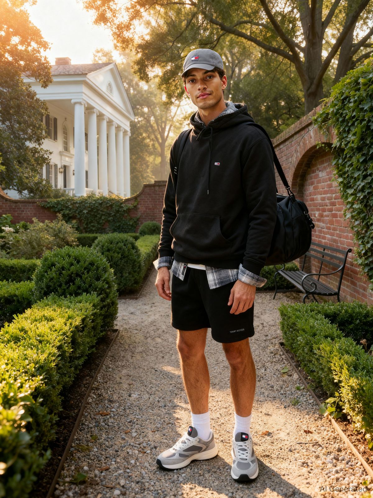 Flag Embroidery Fleece Drawstring Hoody — Black
