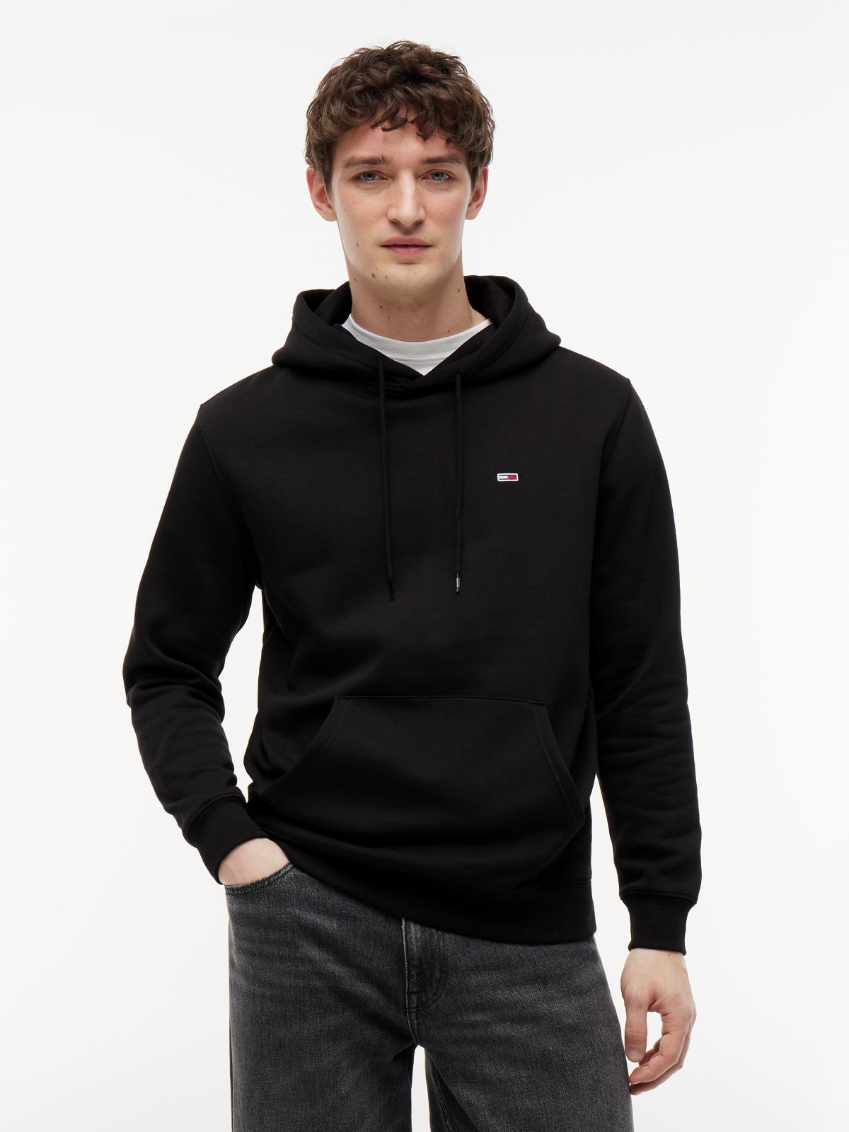Flag Embroidery Fleece Drawstring Hoody — Black
