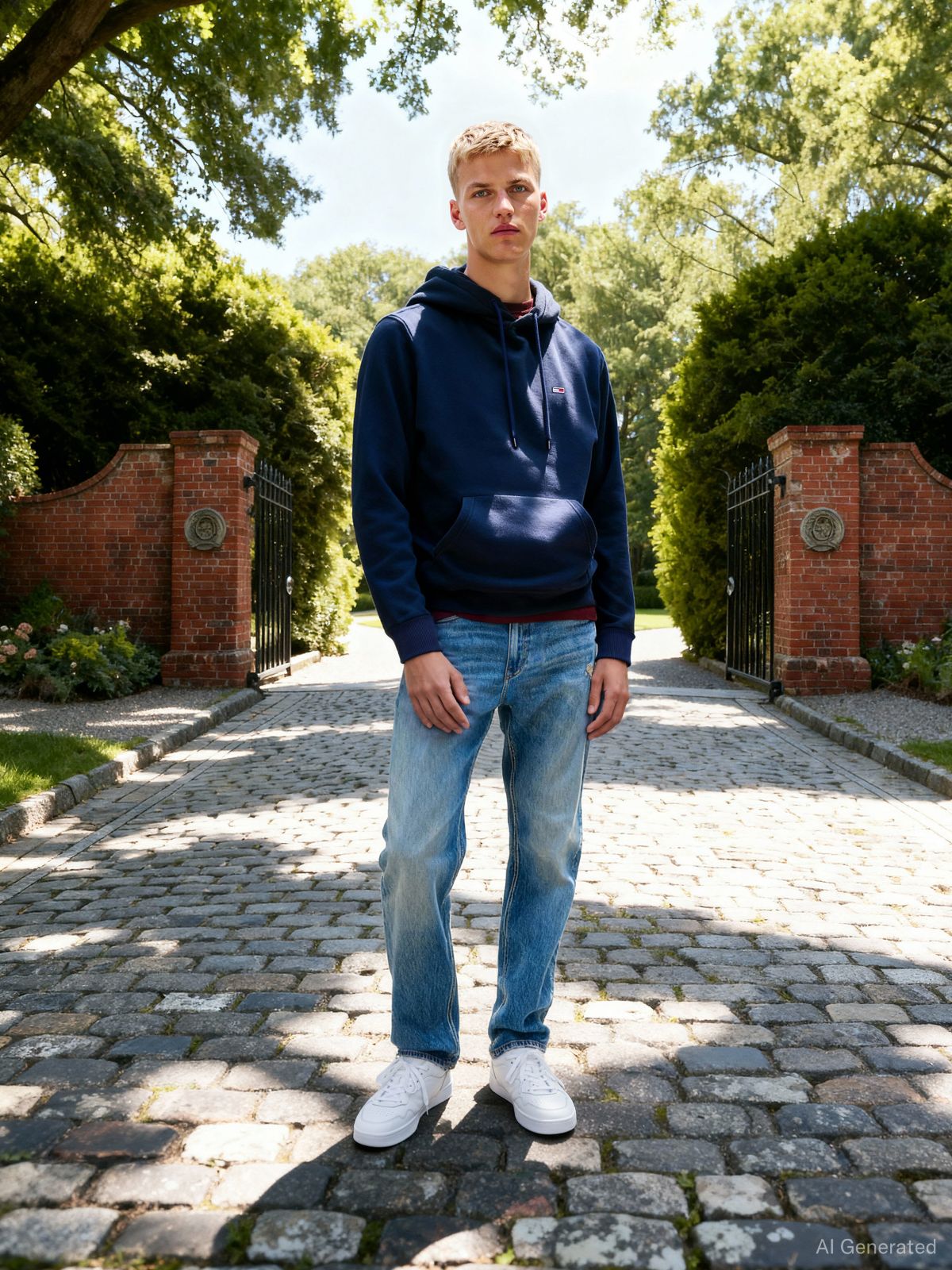 Flag Embroidery Fleece Drawstring Hoody — Blue