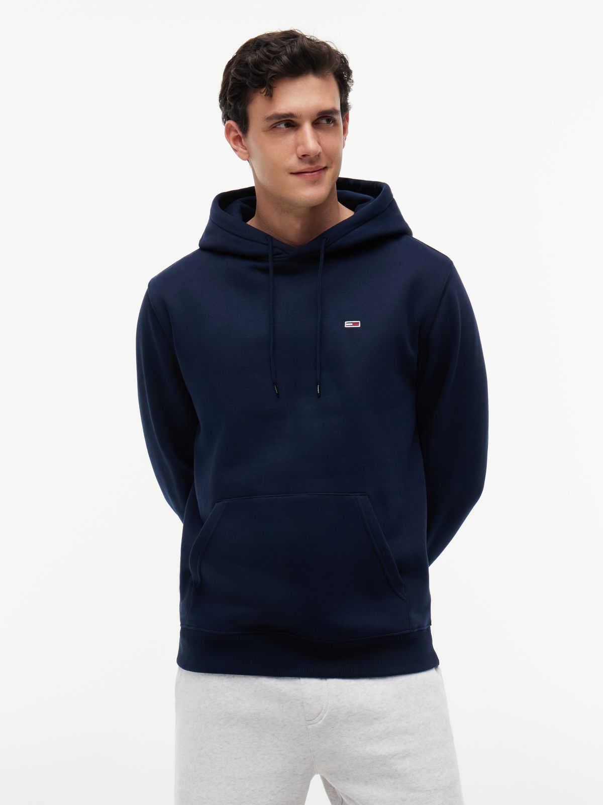 Flag Embroidery Fleece Drawstring Hoody — Blue