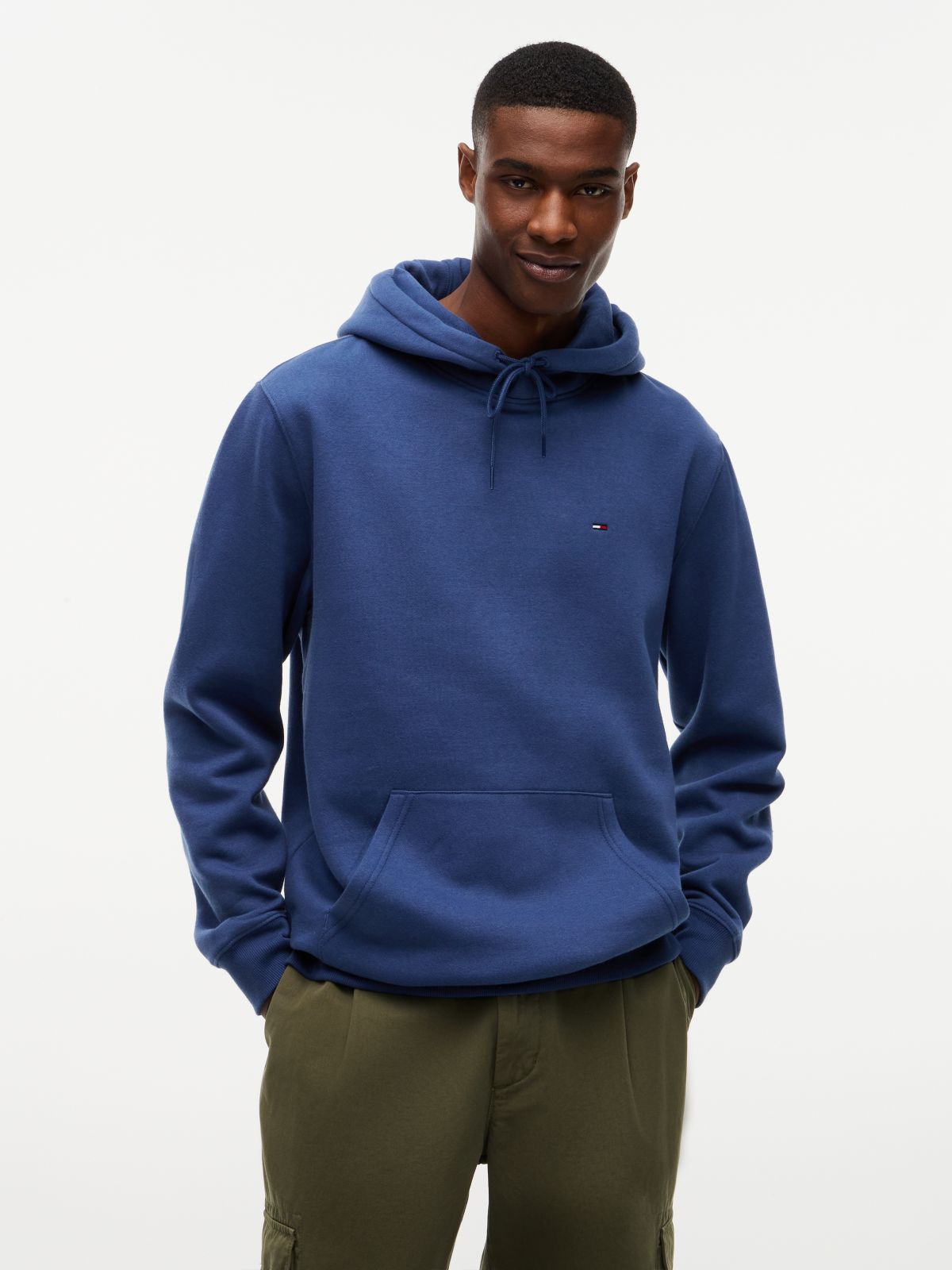 Flag Embroidery Fleece Drawstring Hoody — Blue