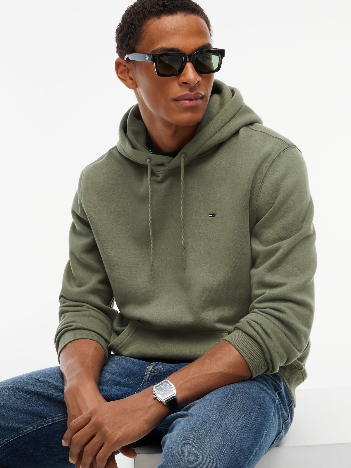 Flag Embroidery Fleece Drawstring Hoody — Green
