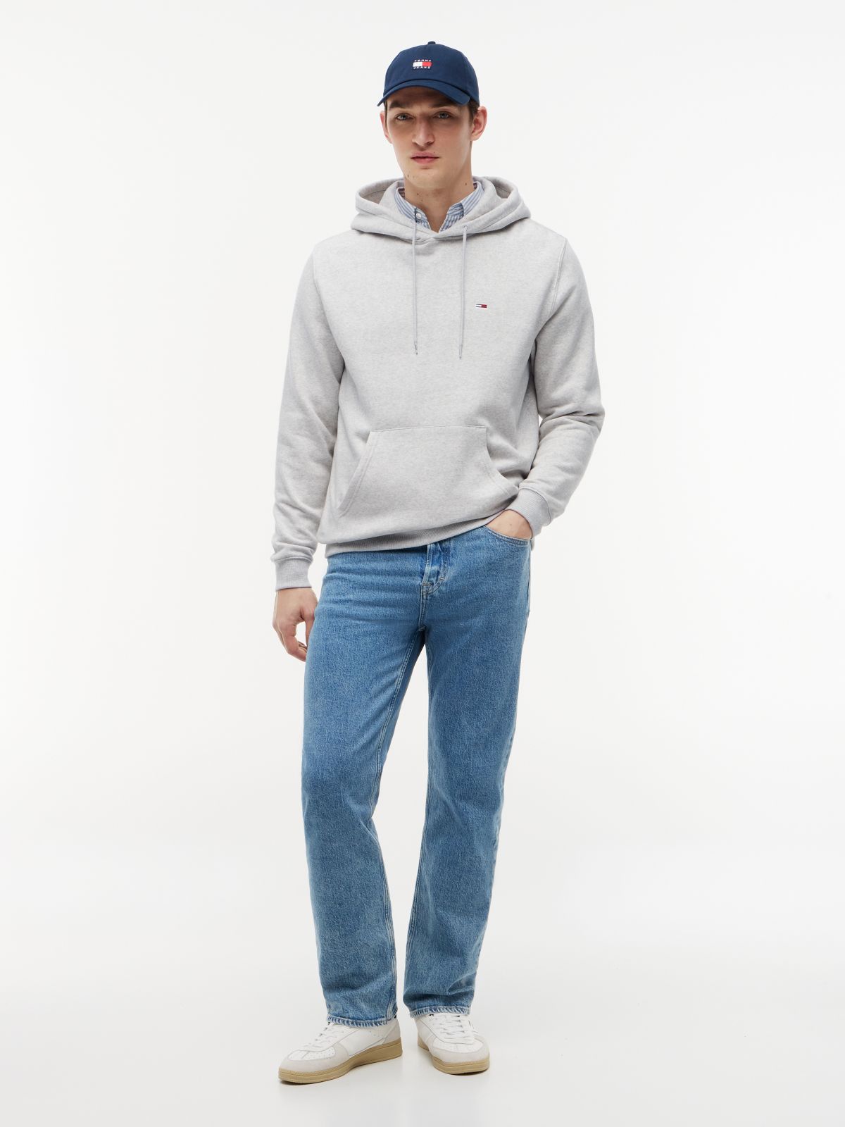 Flag Embroidery Fleece Drawstring Hoody — Grey