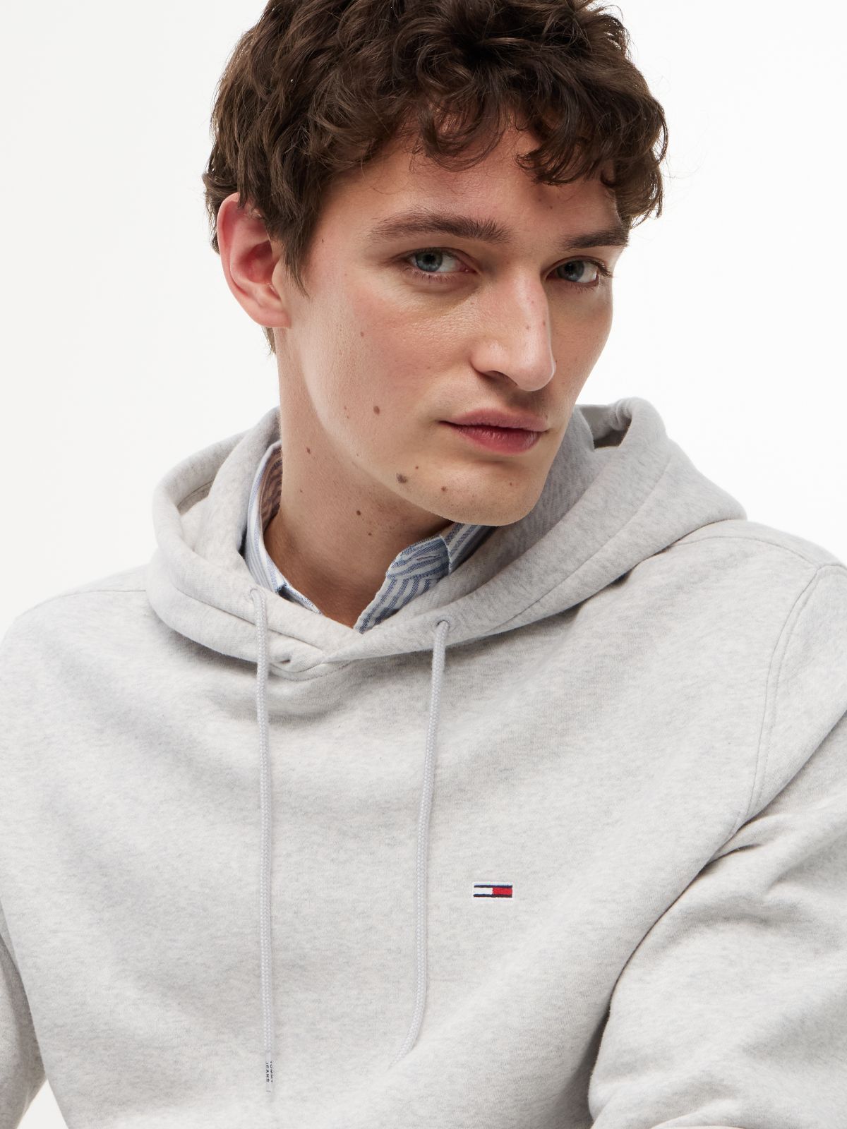 Flag Embroidery Fleece Drawstring Hoody — Grey