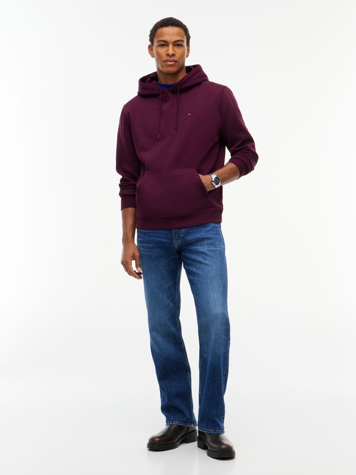 Flag Embroidery Fleece Drawstring Hoody — Purple