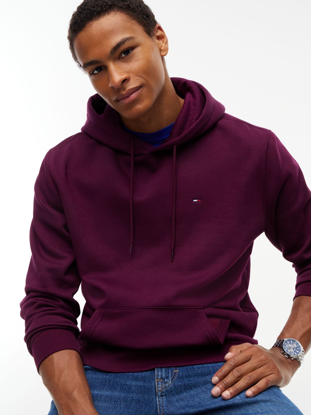 Flag Embroidery Fleece Drawstring Hoody — Purple