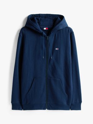 blue brushed fleece zip-thru hoody for men tommy jeans