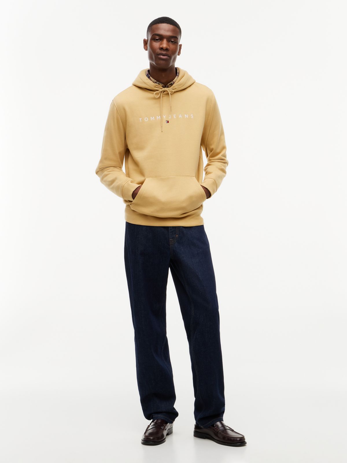 Linear Logo Fleece Drawstring Hoody — Beige