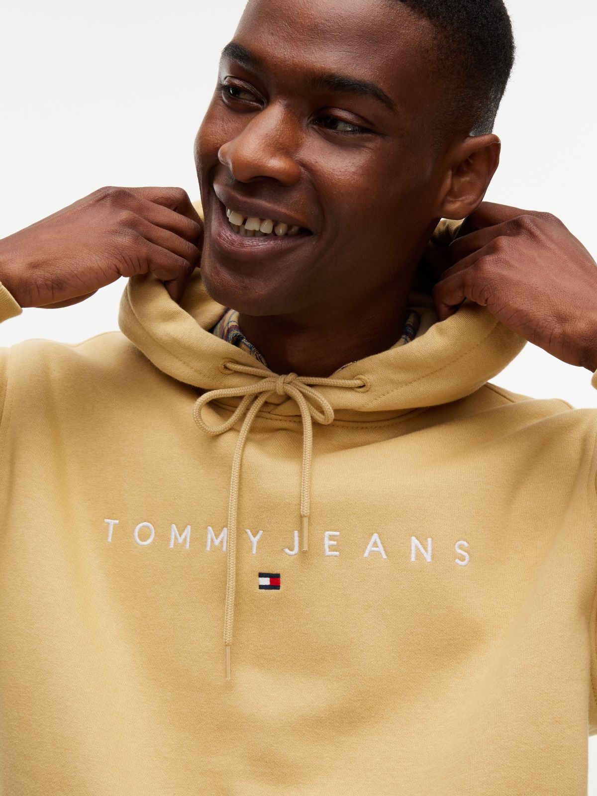 Linear Logo Fleece Drawstring Hoody — Beige