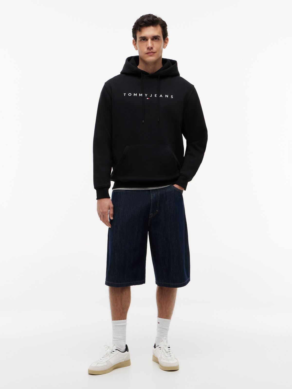 Linear Logo Fleece Drawstring Hoody — Black
