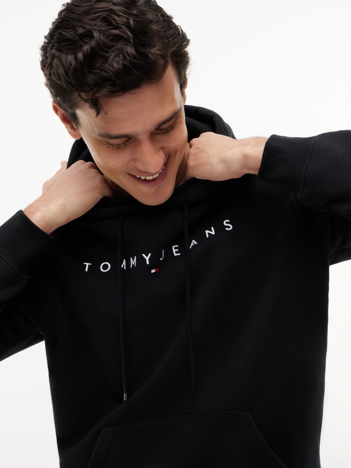 Linear Logo Fleece Drawstring Hoody — Black