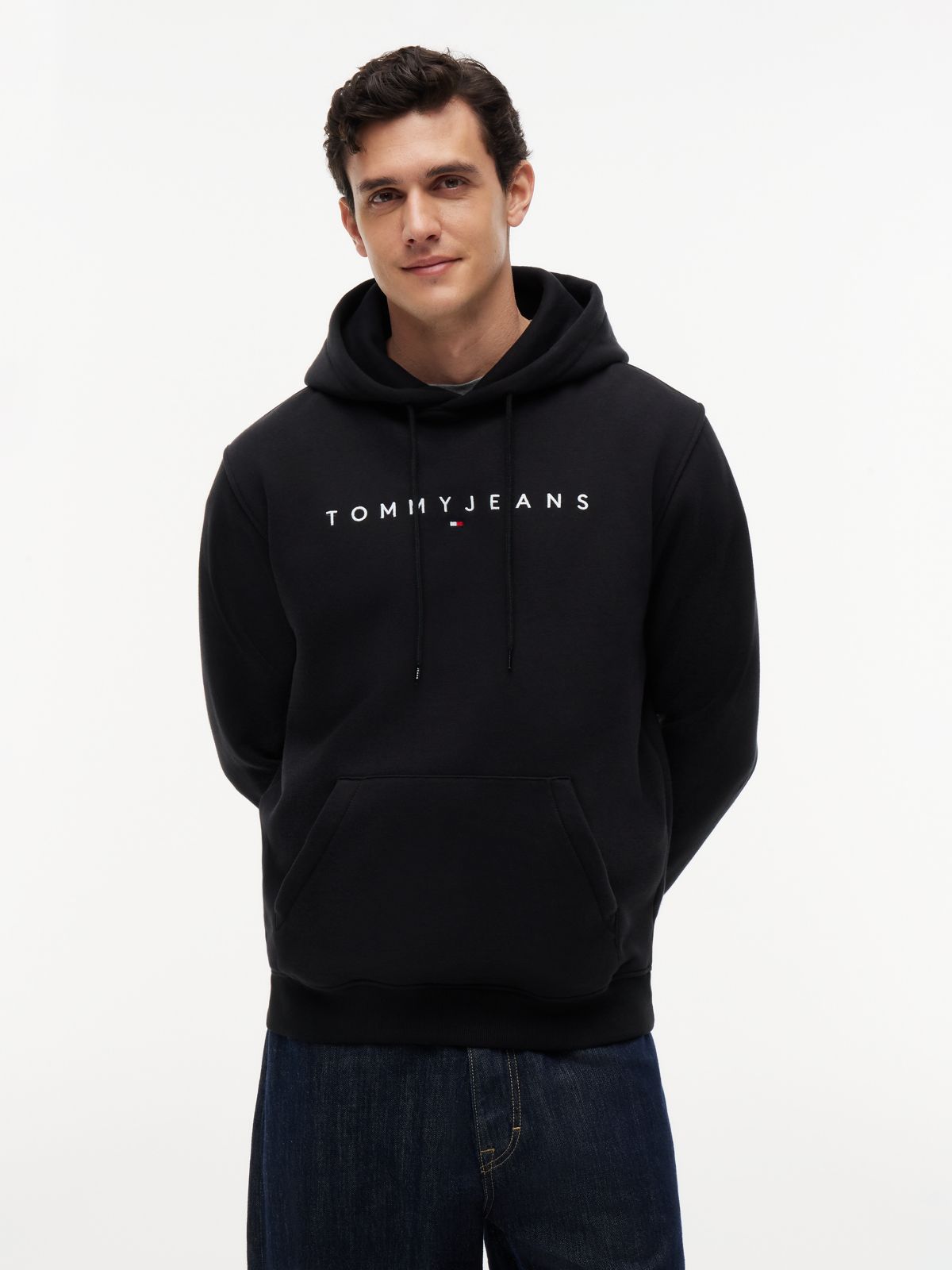 Linear Logo Fleece Drawstring Hoody — Black
