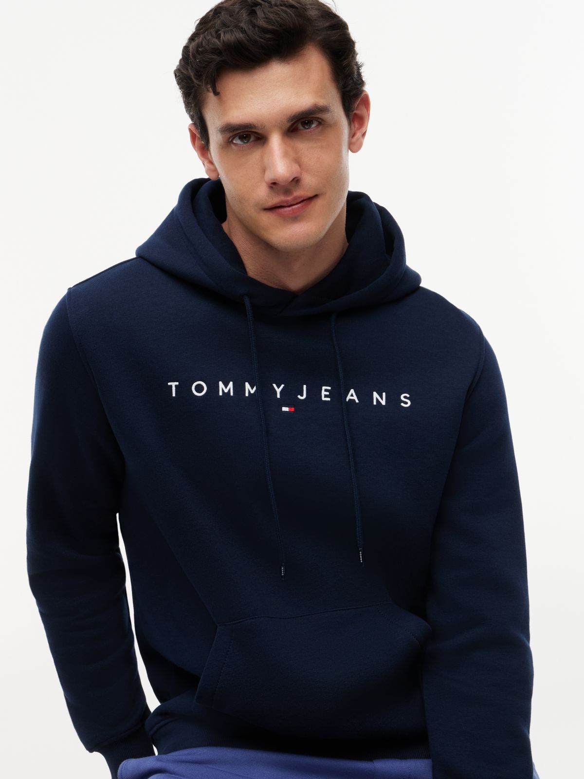 Linear Logo Fleece Drawstring Hoody — Blue